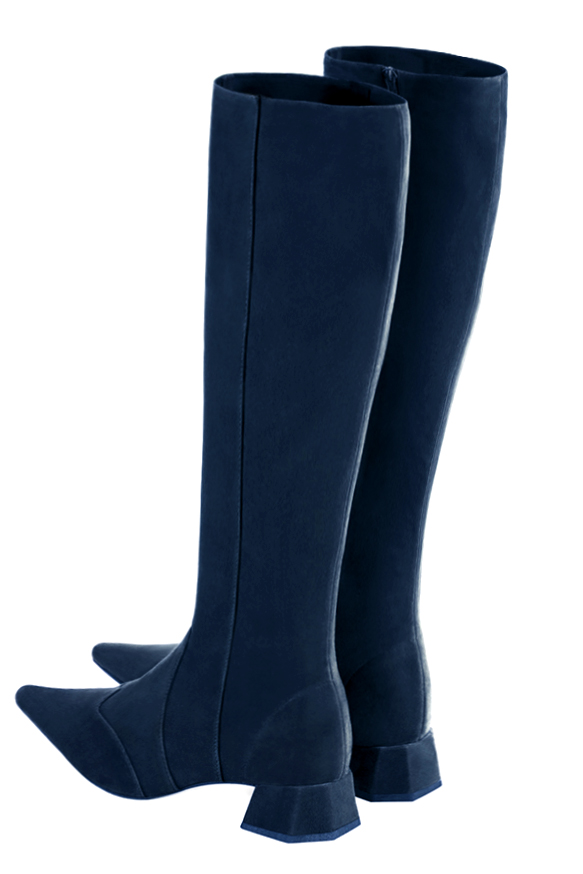 Custom-made women's navy blue elegant classic knee-high boots. Pointed toe. Low flare heels - Rear view